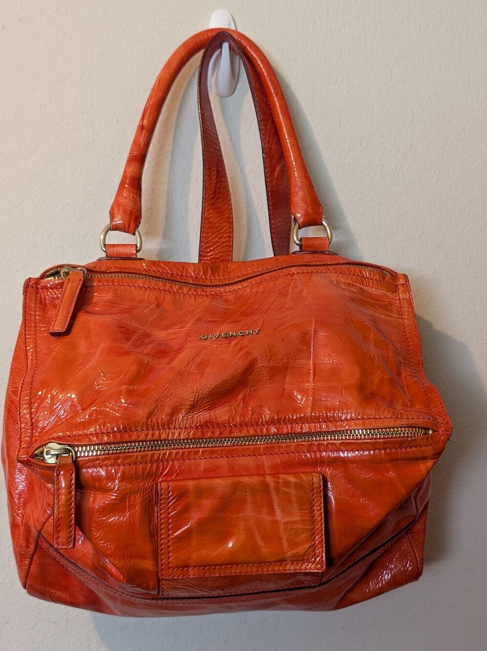 Givenchy Orange Patent Wrinkled Sheepskin Medium Two Way Pandora Bag Gorgeous